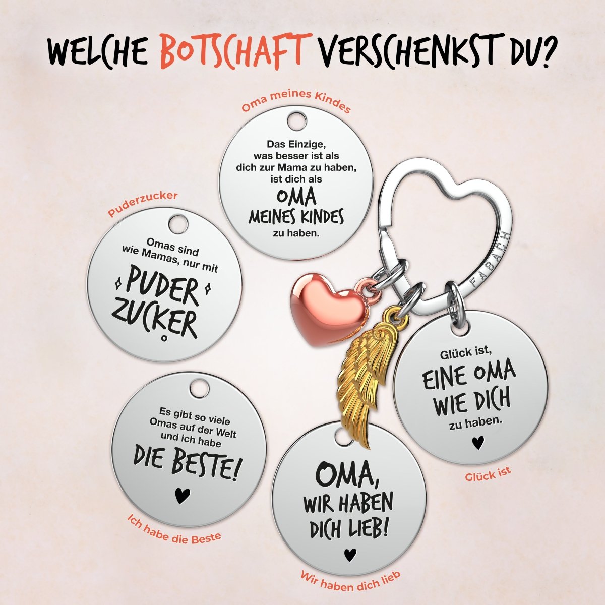 "Beste Oma" Schutzengel Schlüsselanhänger - Engelsflügel Herz Glücksbringer und Gravur Plättchen mit liebevoller Botschaft