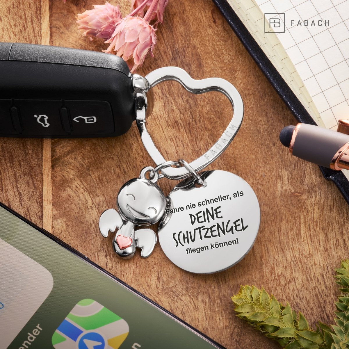 "Fahr vorsichtig" Schutzengel Schlüsselanhänger - Schutzengel Happy mit Herz und Gravur Plättchen mit liebevoller Botschaft