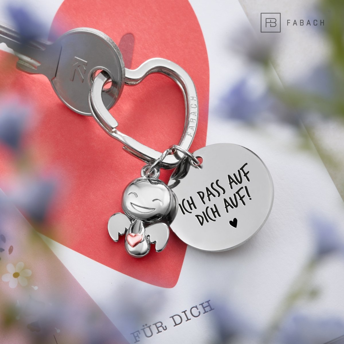 "Ich liebe dich" Schutzengel Schlüsselanhänger - Schutzengel Happy mit Herz und Gravur Plättchen mit liebevoller Botschaft