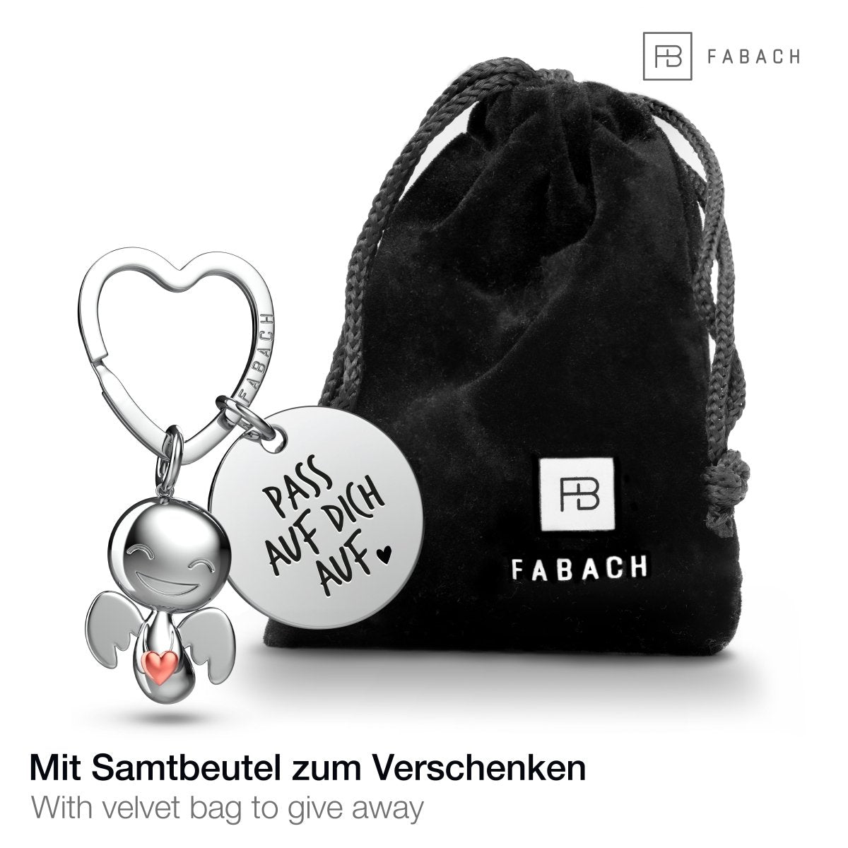 "Ich liebe dich" Schutzengel Schlüsselanhänger - Schutzengel Happy mit Herz und Gravur Plättchen mit liebevoller Botschaft