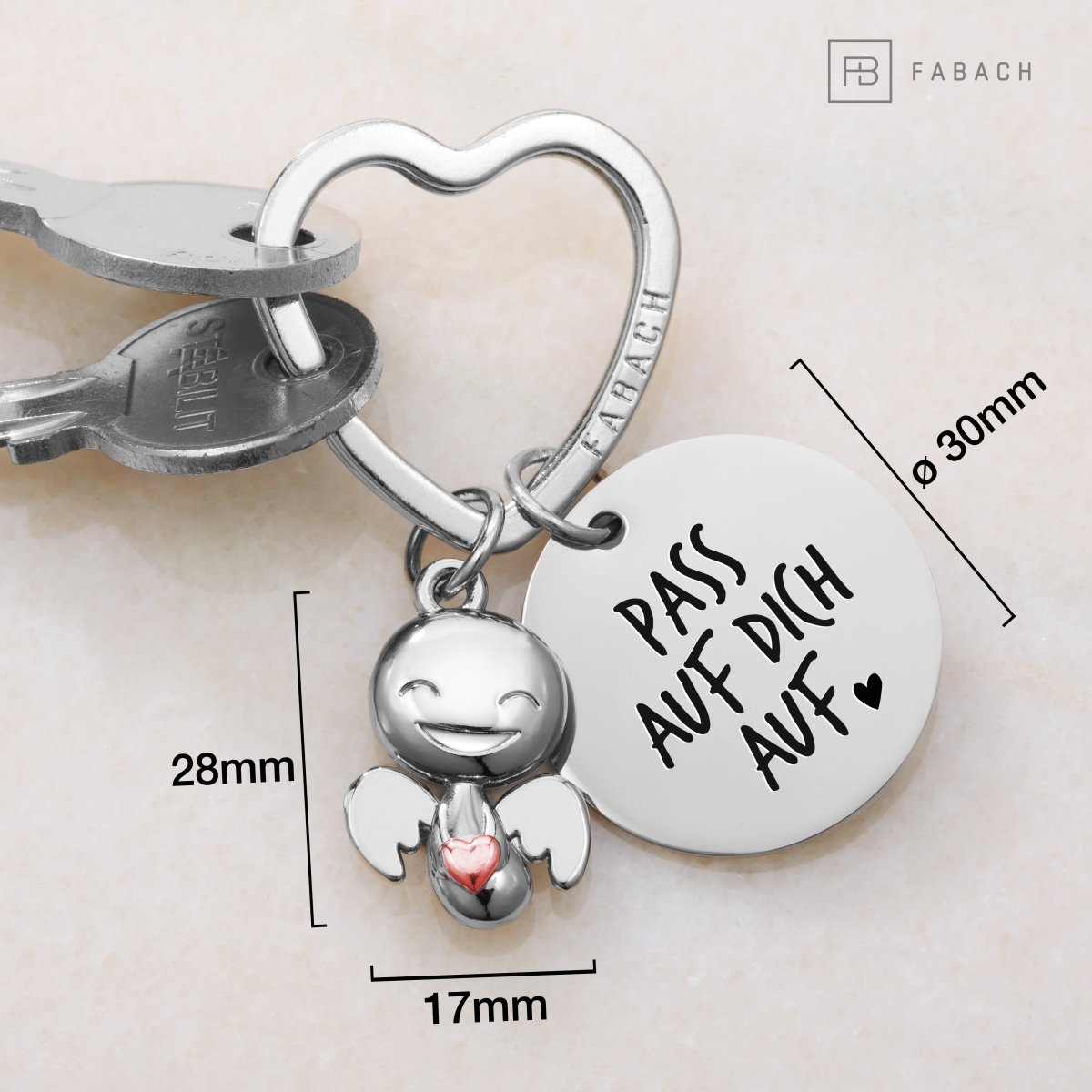 "Ich liebe dich" Schutzengel Schlüsselanhänger - Schutzengel Happy mit Herz und Gravur Plättchen mit liebevoller Botschaft