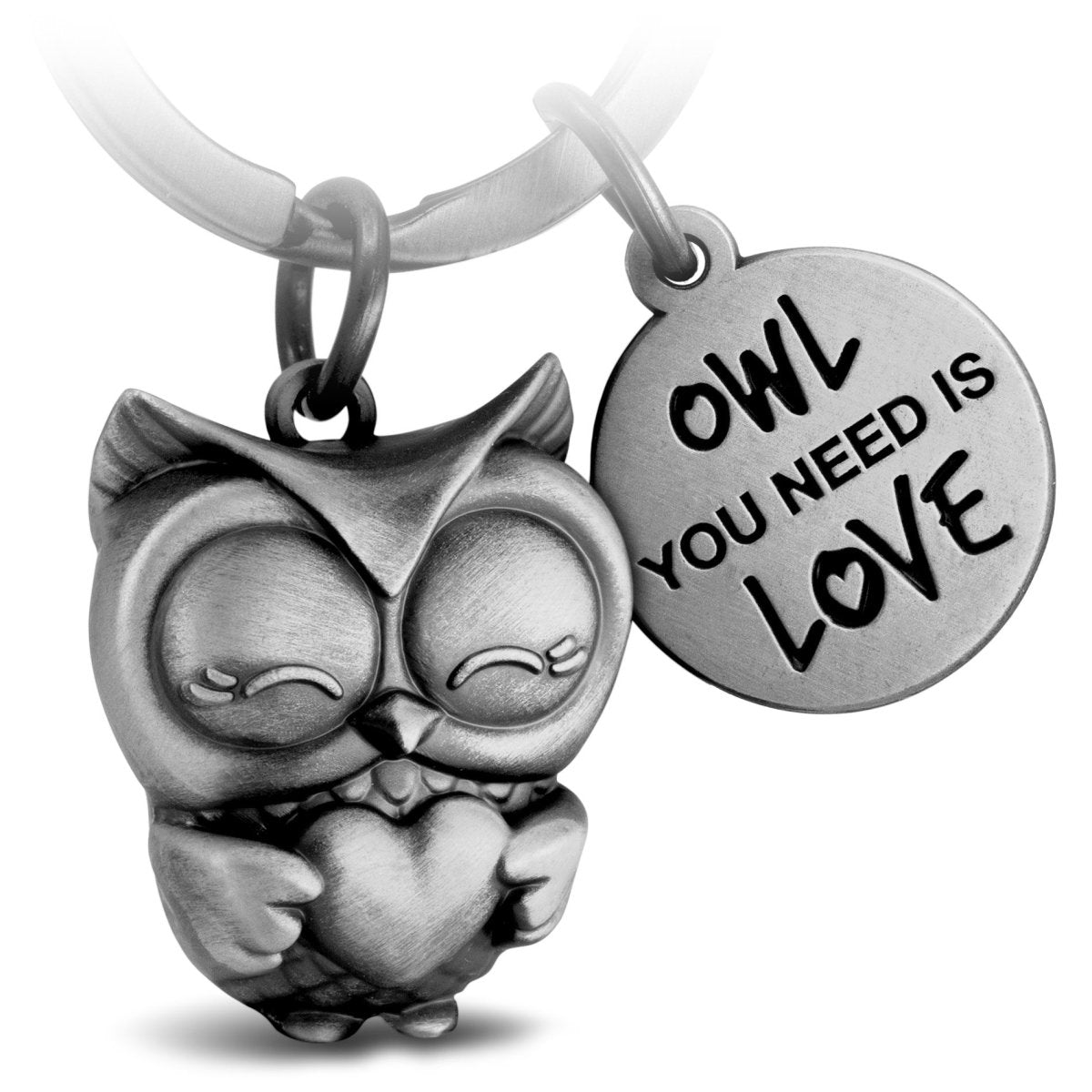 "Owl you need is Love" Eule Schlüsselanhänger Owly mit Herz und Gravur - Süße Eule Glücksbringer - FABACH#farbe_antique silber