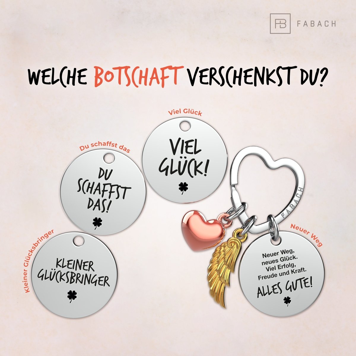 "Viel Glück" Schutzengel Schlüsselanhänger - Engelsflügel Herz Glücksbringer und Gravur Plättchen mit liebevoller Botschaft