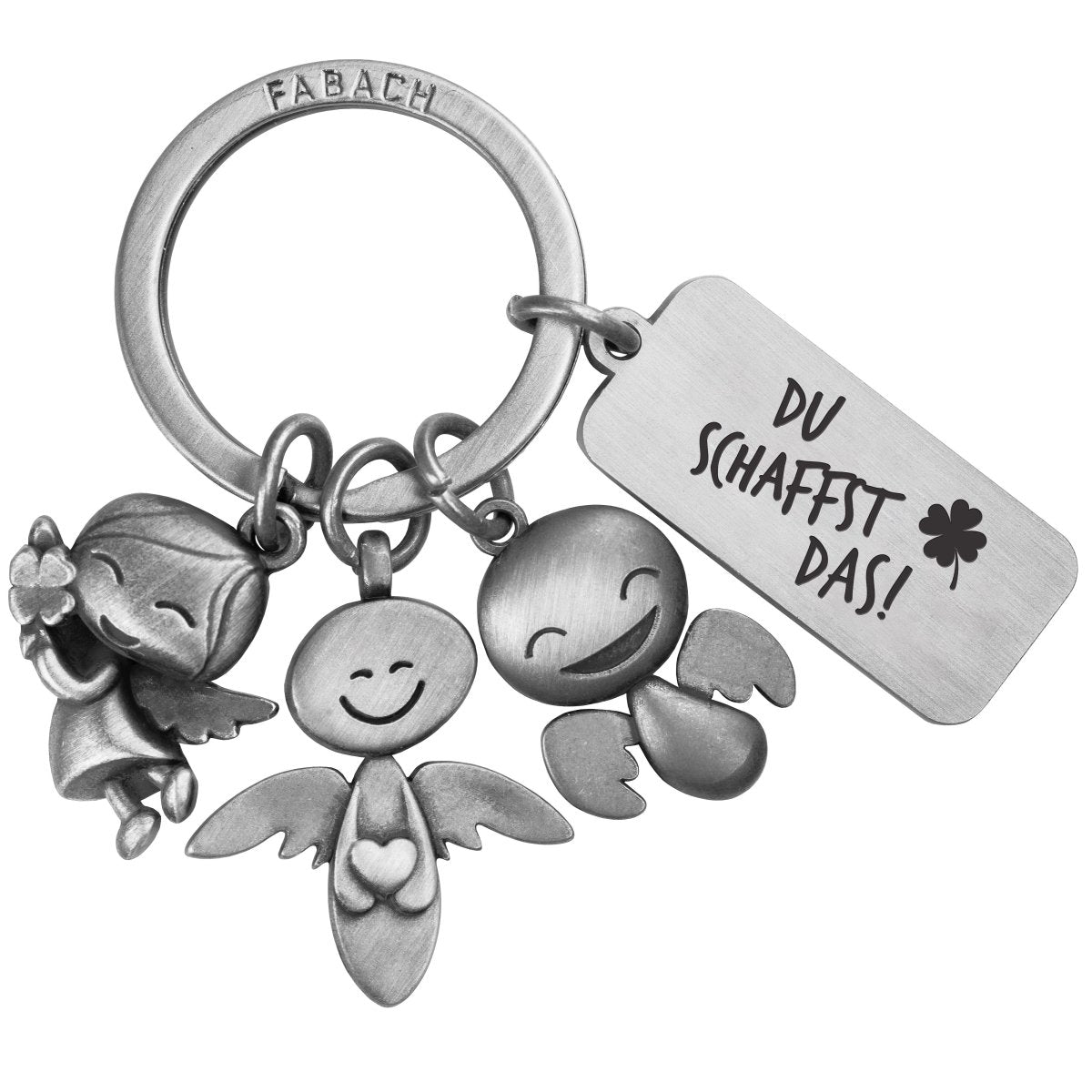 3 Engel" Schutzengel Schlüsselanhänger - Engel Glücksbringer mit Botschaft Gravur "Du schaffst das!" - FABACH#farbe_antique silber