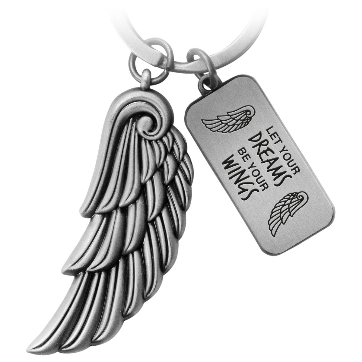 "Dreams" Engelsflügel Schlüsselanhänger - Gravur mit Botschaft "May your Dreams be your Wings" -Engel Flügel Glücksbringer - FABACH#farbe_antique silber