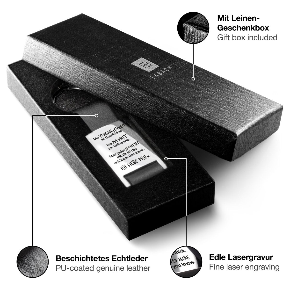 "Jeder Moment das schönste Geschenk" Rectangle-Schlüsselanhänger mit Gravur aus Leder - Motivierender Glücksbringer - FABACH