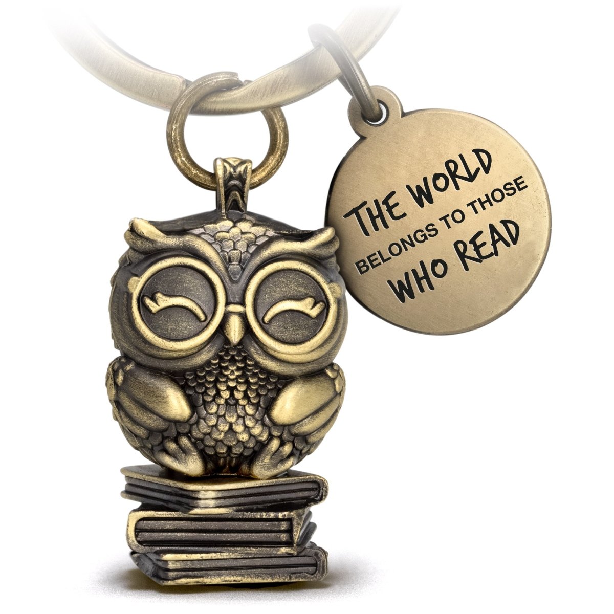 "The world belongs to those who read" Eule Schlüsselanhänger Büchereule "Bookowl" mit Gravur - Süße Eule Glücksbringer - FABACH#farbe_antique bronze