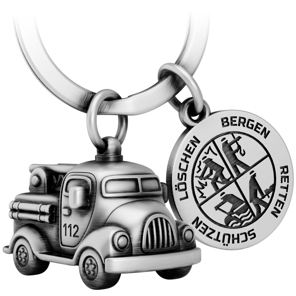 Vintage Feuerwehrauto Schlüsselanhänger mit Plakette - Glücksbringer für Feuerwehrleute - Dankeschön für Feuerwehrmann Feuerwehrfrau