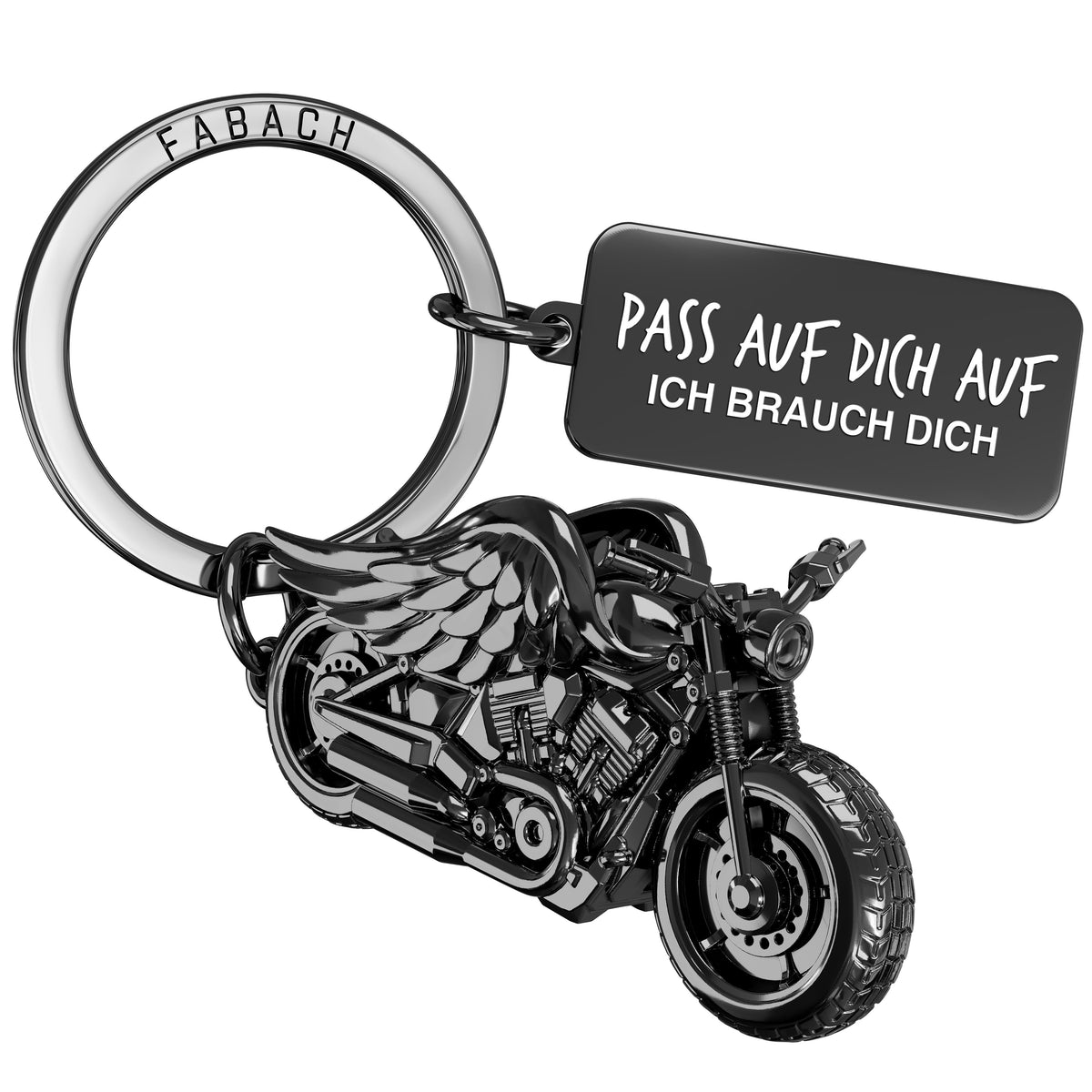 Motorrad Schlüsselanhänger - Chopper mit Engelsflügeln - Glücksbringer für Motorradfahrer mit Gravur "Pass auf dich auf"