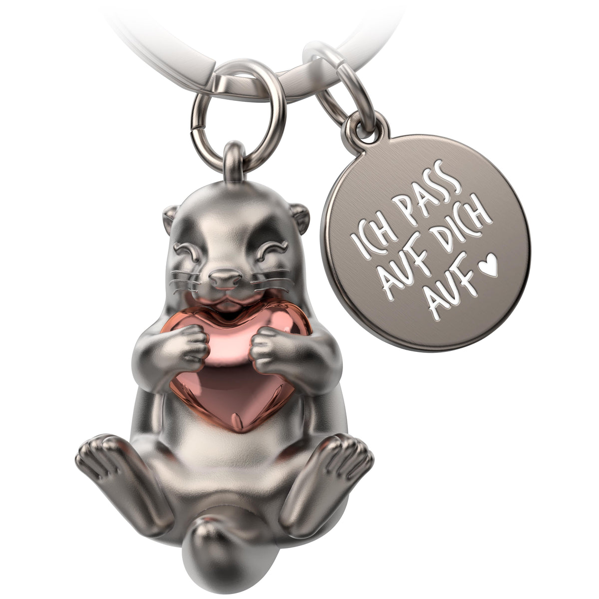Otter-Schlüsselanhänger mit Gravur "Ich pass auf dich auf" - Liebevoller Glücksbringer mit Herz - Geschenk Partner Beste Freundin