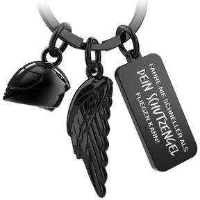 Motorrad Schlüsselanhänger mit Motorradhelm, Engelsflügel und Gravur - Geschenk Motorradfahrer - Motorrad Glücksbringer