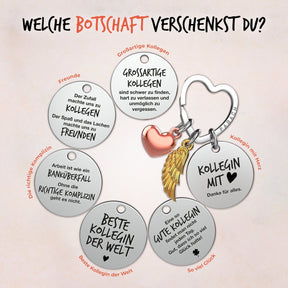 "Beste Kollegin" Schutzengel Schlüsselanhänger - Engelsflügel Herz Glücksbringer und Gravur Plättchen mit liebevoller Botschaft