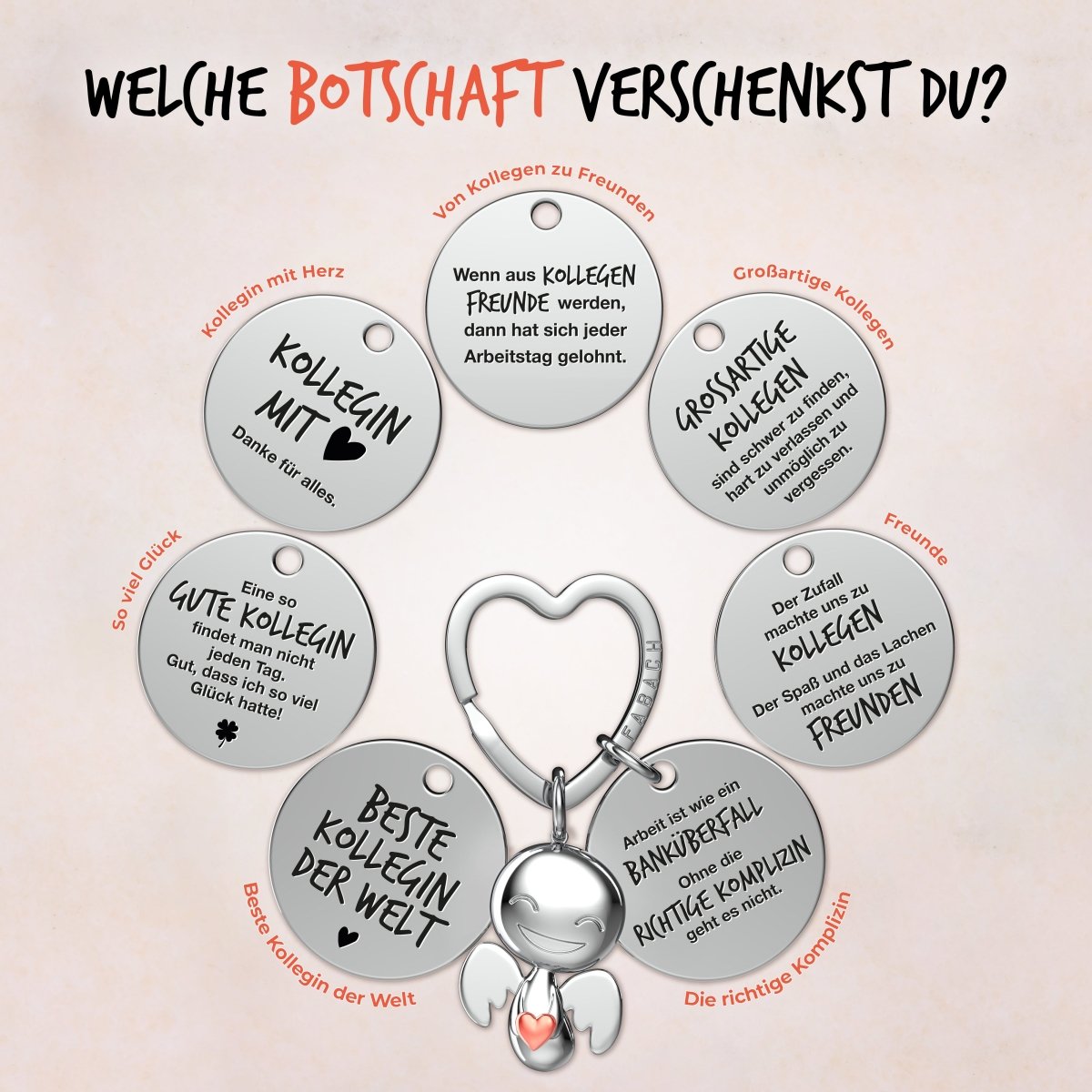 "Beste Kollegin" Schutzengel Schlüsselanhänger - Schutzengel Happy mit Herz und Gravur Plättchen mit liebevoller Botschaft - FABACH – Die Schlüsselanhänger - Schmiede