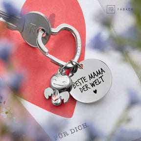 "Beste Mama" Schutzengel Schlüsselanhänger - Schutzengel Happy mit Herz und Gravur Plättchen mit liebevoller Botschaft