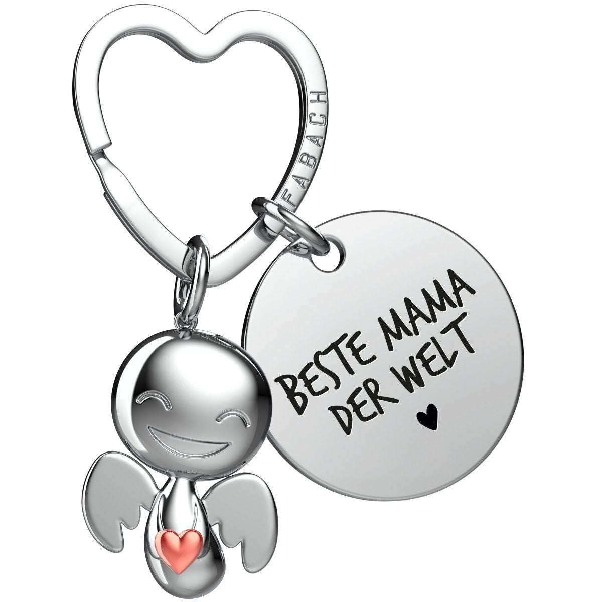 "Beste Mama" Schutzengel Schlüsselanhänger - Schutzengel Happy mit Herz und Gravur Plättchen mit liebevoller Botschaft