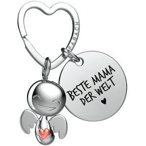 "Beste Mama" Schutzengel Schlüsselanhänger - Schutzengel Happy mit Herz und Gravur Plättchen mit liebevoller Botschaft