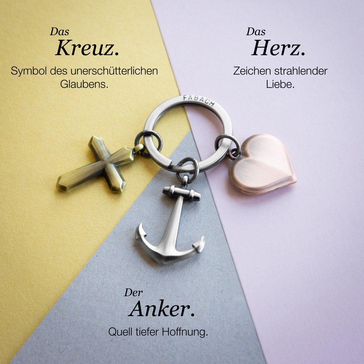 "Glaube Liebe Hoffnung" Schlüsselanhänger - Faith Love Hope - Kreuz Herz Anker Glücksbringer - FABACH