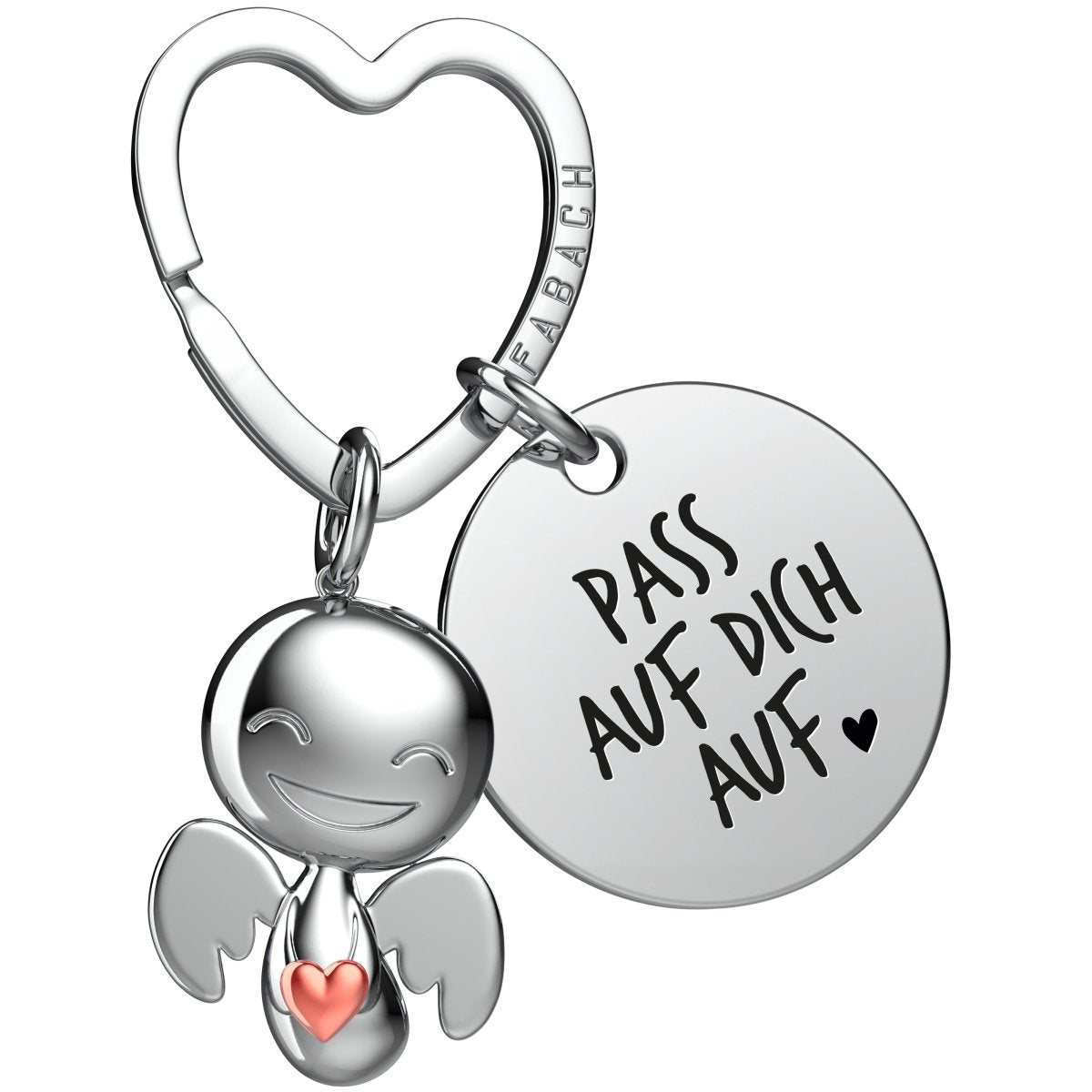 "Ich liebe dich" Schutzengel Schlüsselanhänger - Schutzengel Happy mit Herz und Gravur Plättchen mit liebevoller Botschaft