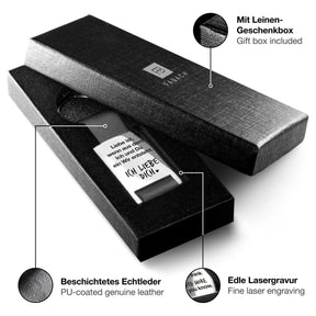 "Liebe ist..." Rectangle-Schlüsselanhänger mit Gravur aus Leder - Liebevolles Geschenk für Ehemann Ehefrau Partner Partnerin - FABACH – Die Schlüsselanhänger-Schmiede