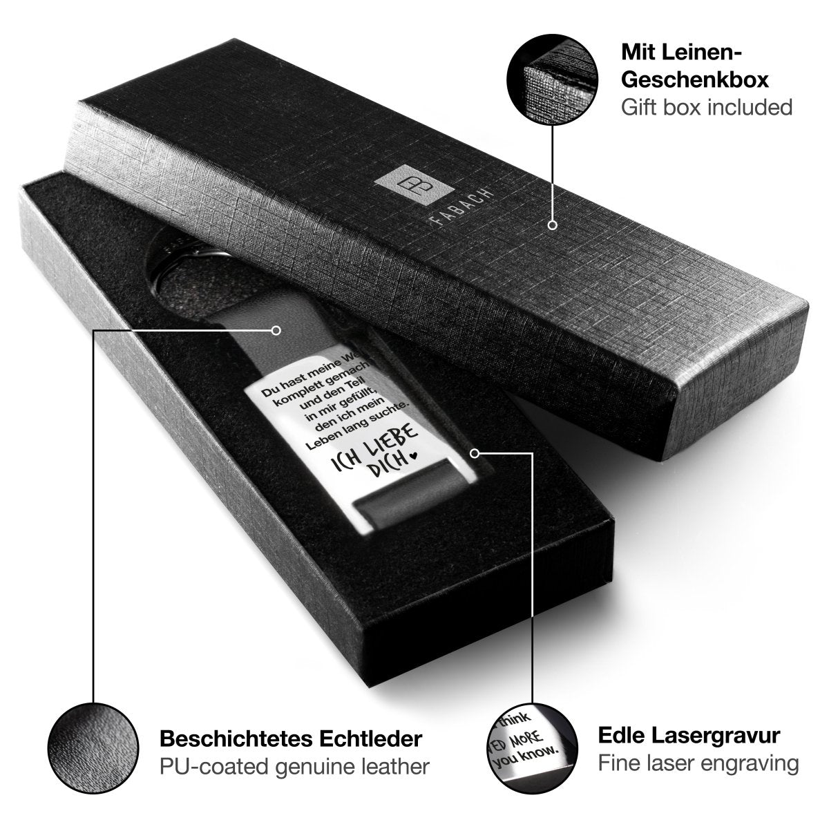 "Meine Welt" Rectangle-Schlüsselanhänger mit Gravur aus Leder - Liebevolles Geschenk für Ehemann Ehefrau Partner Partnerin - FABACH – Die Schlüsselanhänger-Schmiede