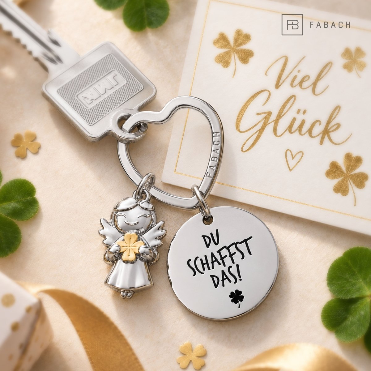 "Viel Glück" Schutzengel Schlüsselanhänger - Schutzengel Star mit Kleeblatt und Gravur Plättchen mit liebevoller Botschaft