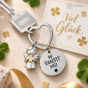 "Viel Glück" Schutzengel Schlüsselanhänger - Schutzengel Star mit Kleeblatt und Gravur Plättchen mit liebevoller Botschaft