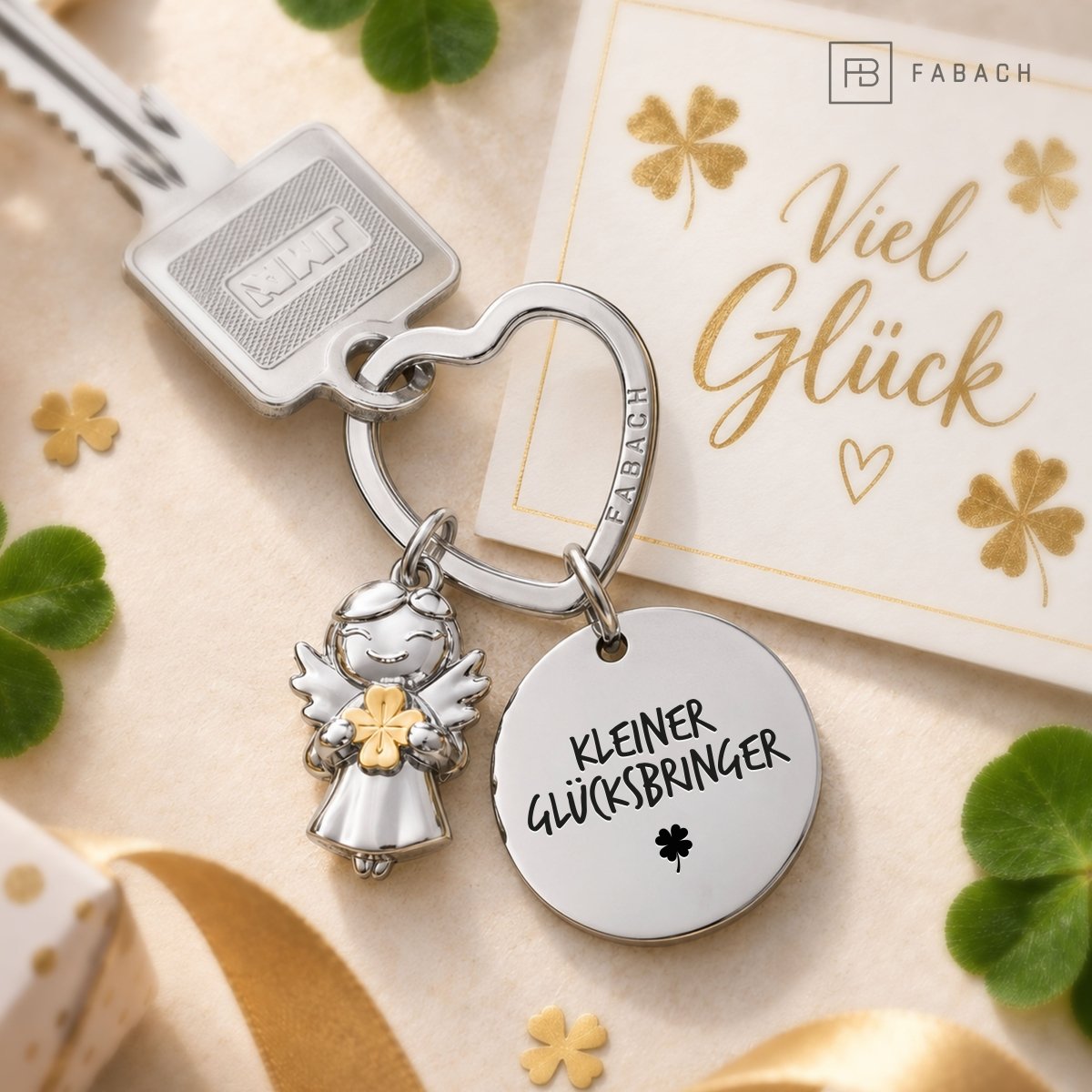 "Viel Glück" Schutzengel Schlüsselanhänger - Schutzengel Star mit Kleeblatt und Gravur Plättchen mit liebevoller Botschaft
