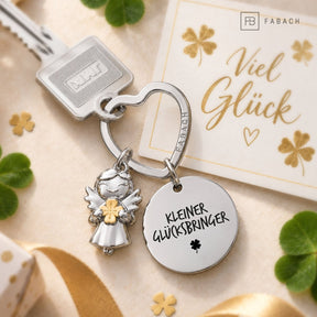 "Viel Glück" Schutzengel Schlüsselanhänger - Schutzengel Star mit Kleeblatt und Gravur Plättchen mit liebevoller Botschaft
